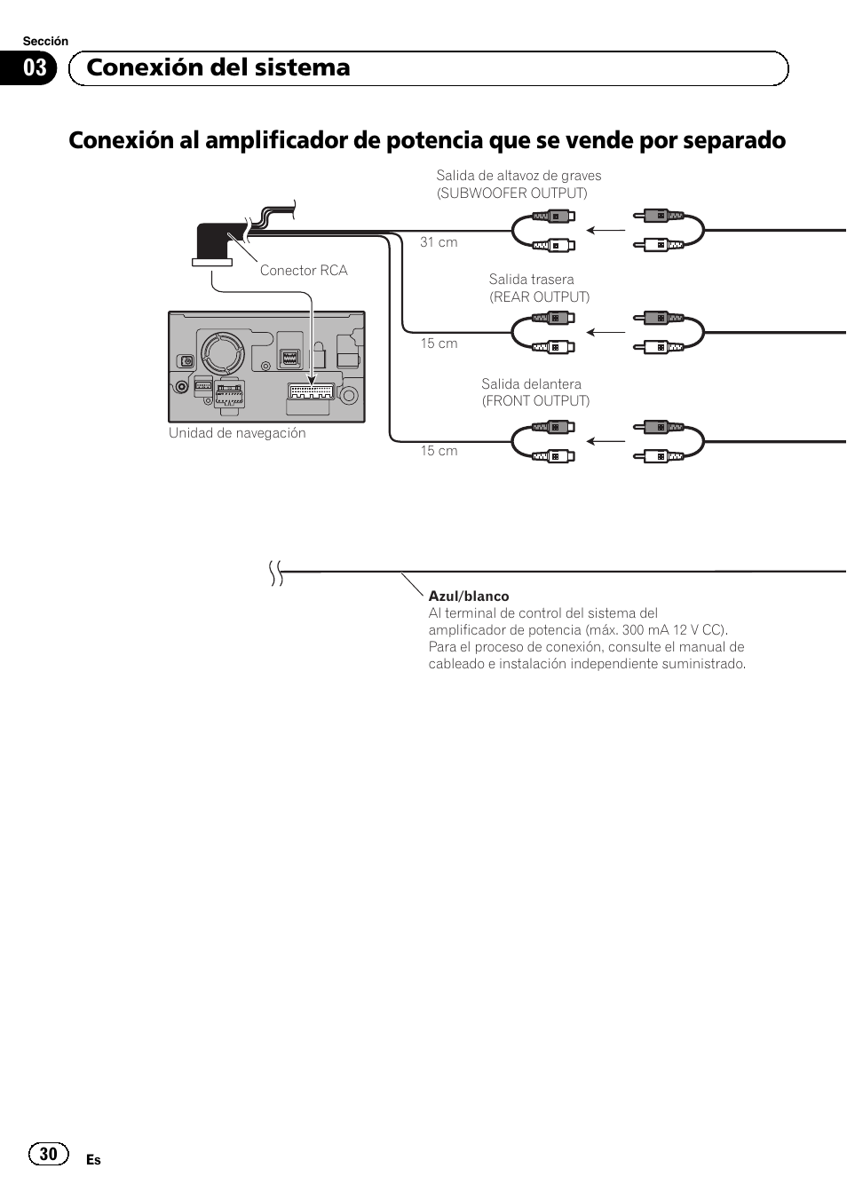 Conexión al amplificador de potencia que se, Vende por separado, 03 conexión del sistema | Pioneer AVIC-F9210BT User Manual | Page 30 / 132