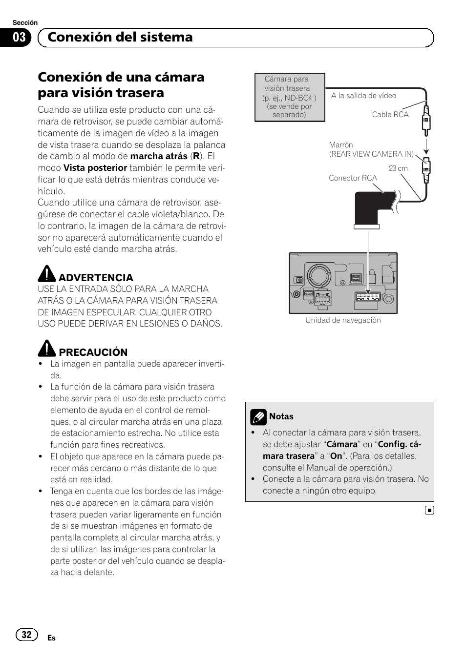 Conexión de una cámara para visión, Trasera, Conexión de una cámara para visión trasera | 03 conexión del sistema | Pioneer AVIC-F9210BT User Manual | Page 32 / 132