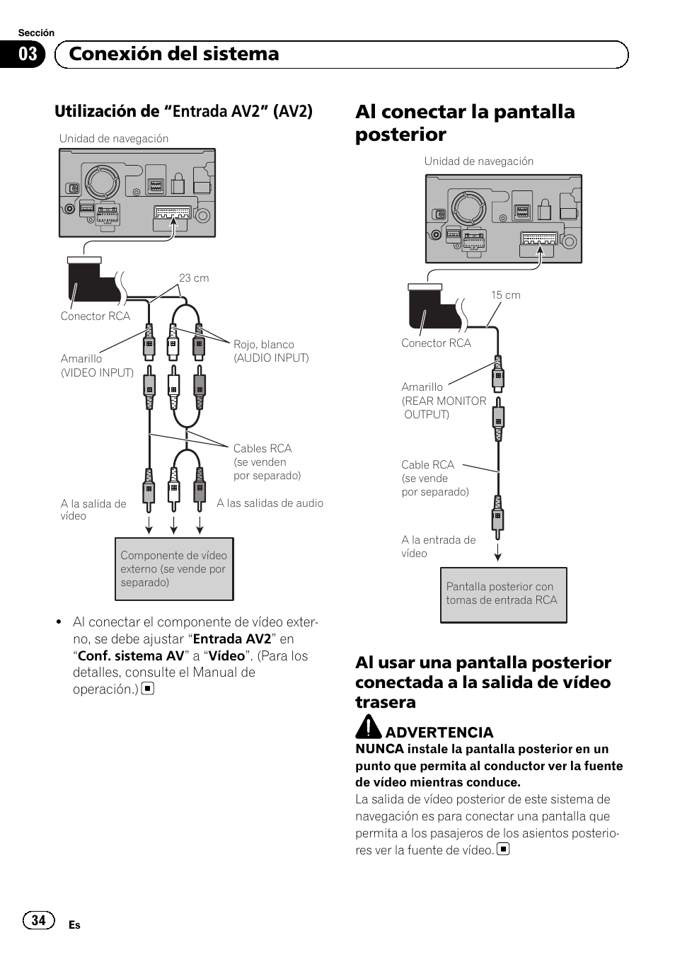 Utilización de “entrada av2” (av2) 34, Al conectar la pantalla posterior, Al usar una pantalla posterior | Conectada a la salida de vídeo trasera, 03 conexión del sistema, Utilización de “entrada av2” (av2) | Pioneer AVIC-F9210BT User Manual | Page 34 / 132