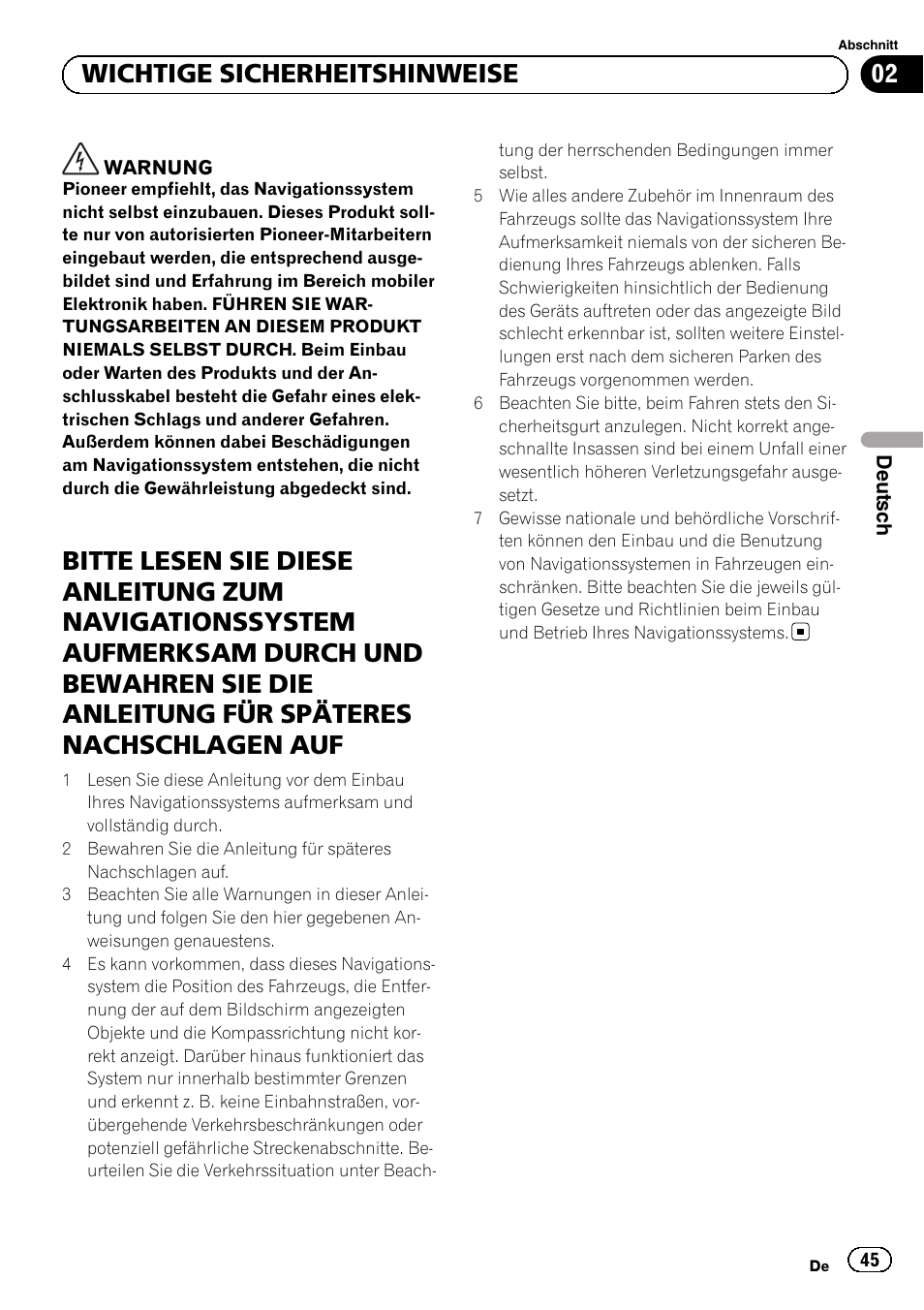 02 wichtige sicherheitshinweise | Pioneer AVIC-F9210BT User Manual | Page 45 / 132