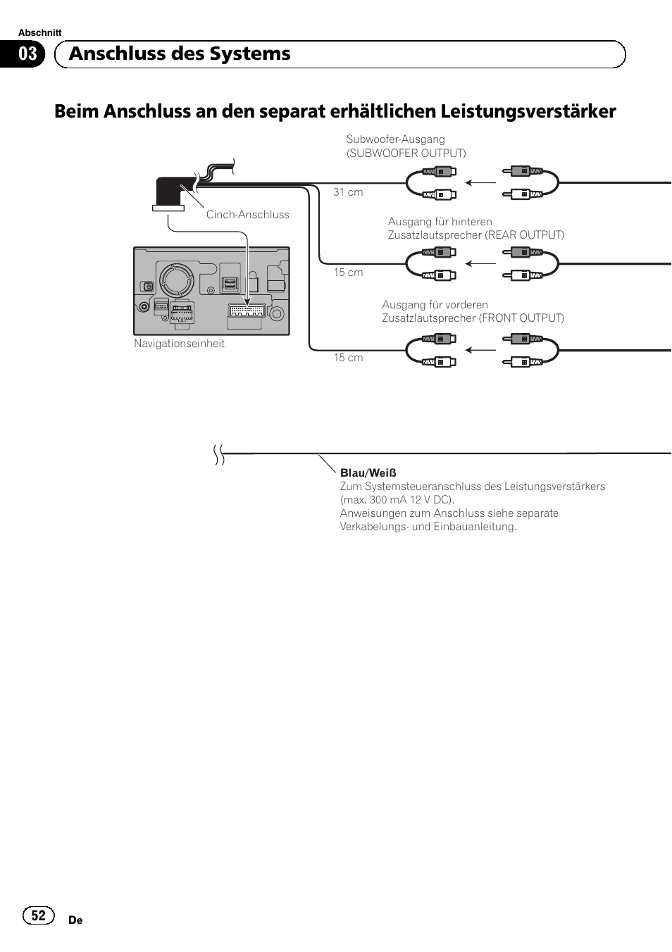 Beim anschluss an den separat erhältlichen, Leistungsverstärker, 03 anschluss des systems | Pioneer AVIC-F9210BT User Manual | Page 52 / 132