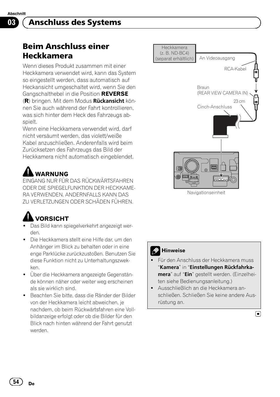 Beim anschluss einer heckkamera, 03 anschluss des systems | Pioneer AVIC-F9210BT User Manual | Page 54 / 132