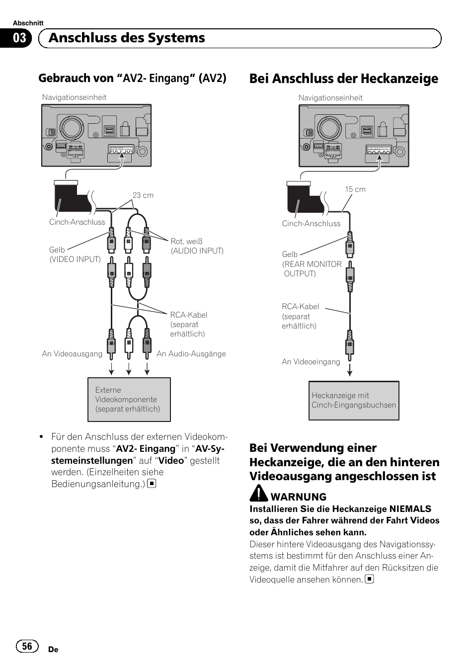 Gebrauch von “av2- eingang, Av2), Bei anschluss der heckanzeige | Bei verwendung einer heckanzeige, die, An den hinteren videoausgang angeschlossen ist, 03 anschluss des systems, Gebrauch von “av2- eingang” (av2) | Pioneer AVIC-F9210BT User Manual | Page 56 / 132