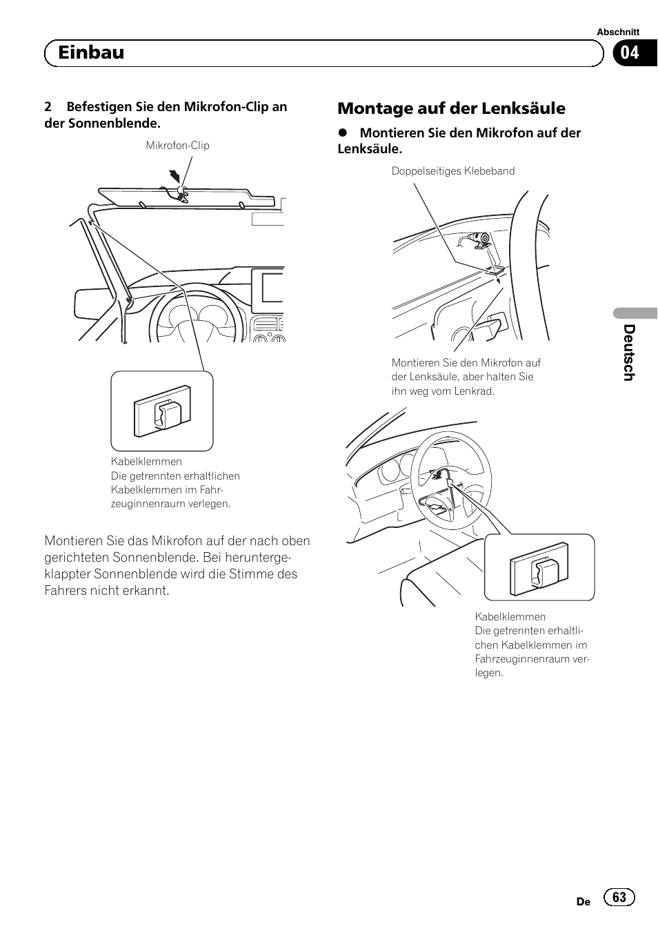 Montage auf der lenksäule 63, 04 einbau, Montage auf der lenksäule | Pioneer AVIC-F9210BT User Manual | Page 63 / 132