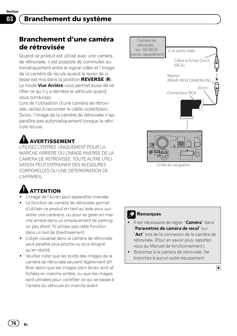 Branchement d, Une caméra de, Rétrovisée | Branchement d ’une caméra de rétrovisée, 03 branchement du système | Pioneer AVIC-F9210BT User Manual | Page 76 / 132