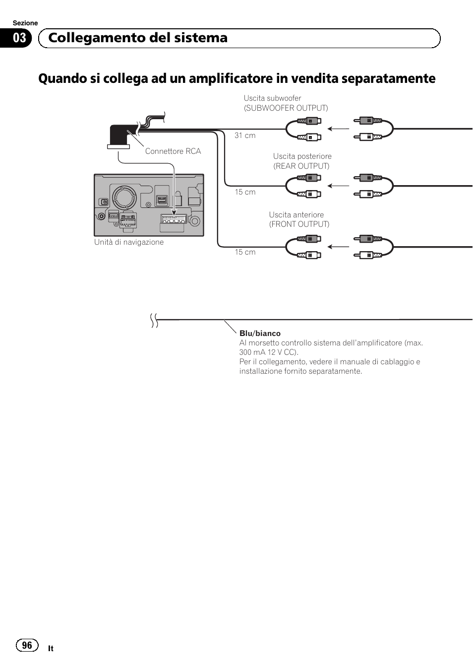 Quando si collega ad un amplificatore in, Vendita separatamente, 03 collegamento del sistema | Pioneer AVIC-F9210BT User Manual | Page 96 / 132