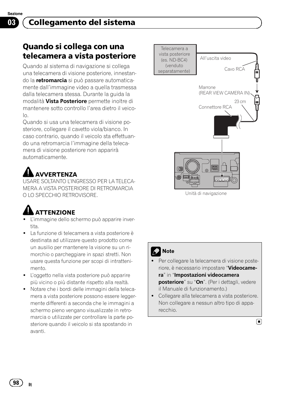 Quando si collega con una telecamera a, Vista posteriore, 03 collegamento del sistema | Pioneer AVIC-F9210BT User Manual | Page 98 / 132