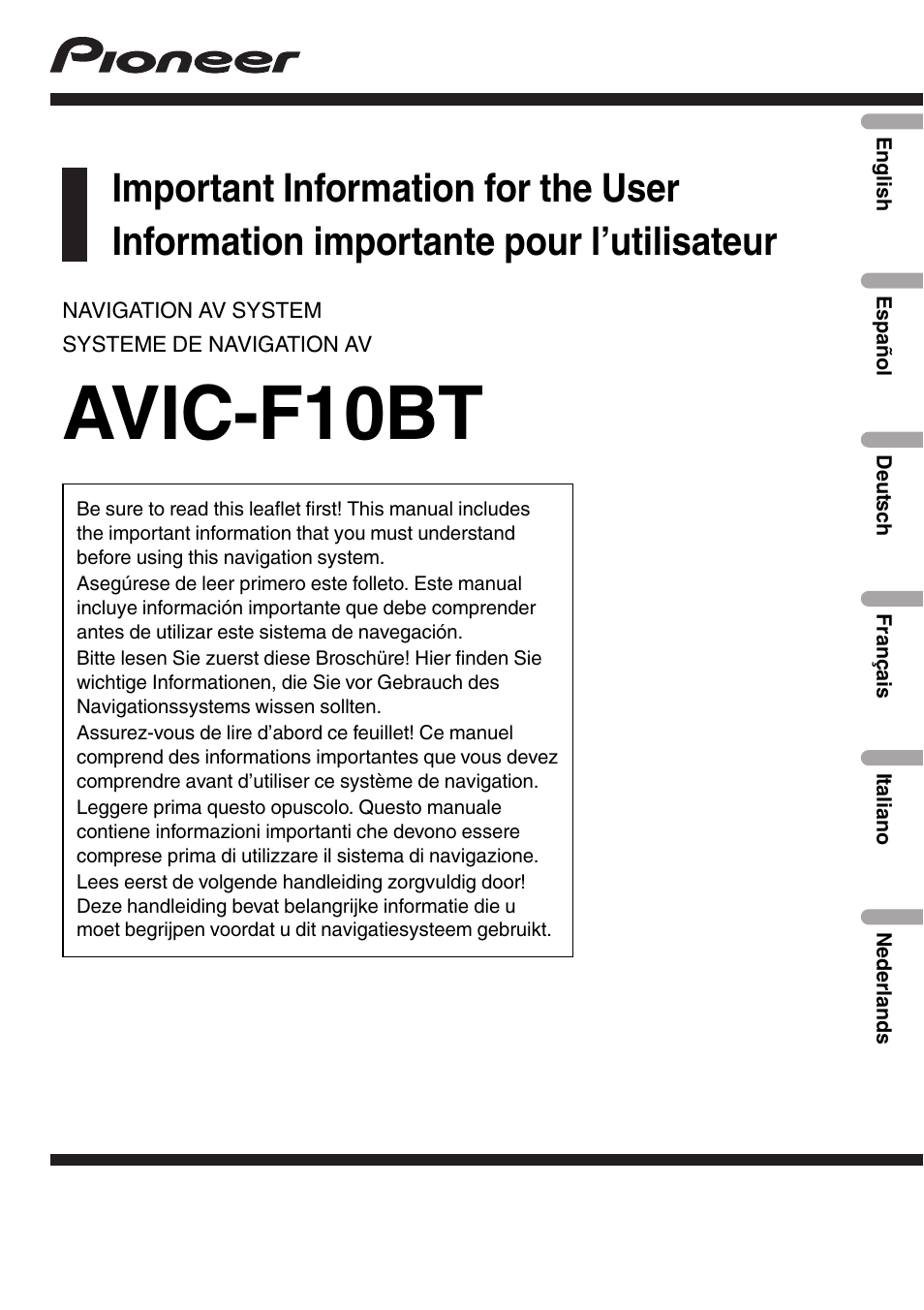 Pioneer AVIC-F10BT User Manual | 100 pages