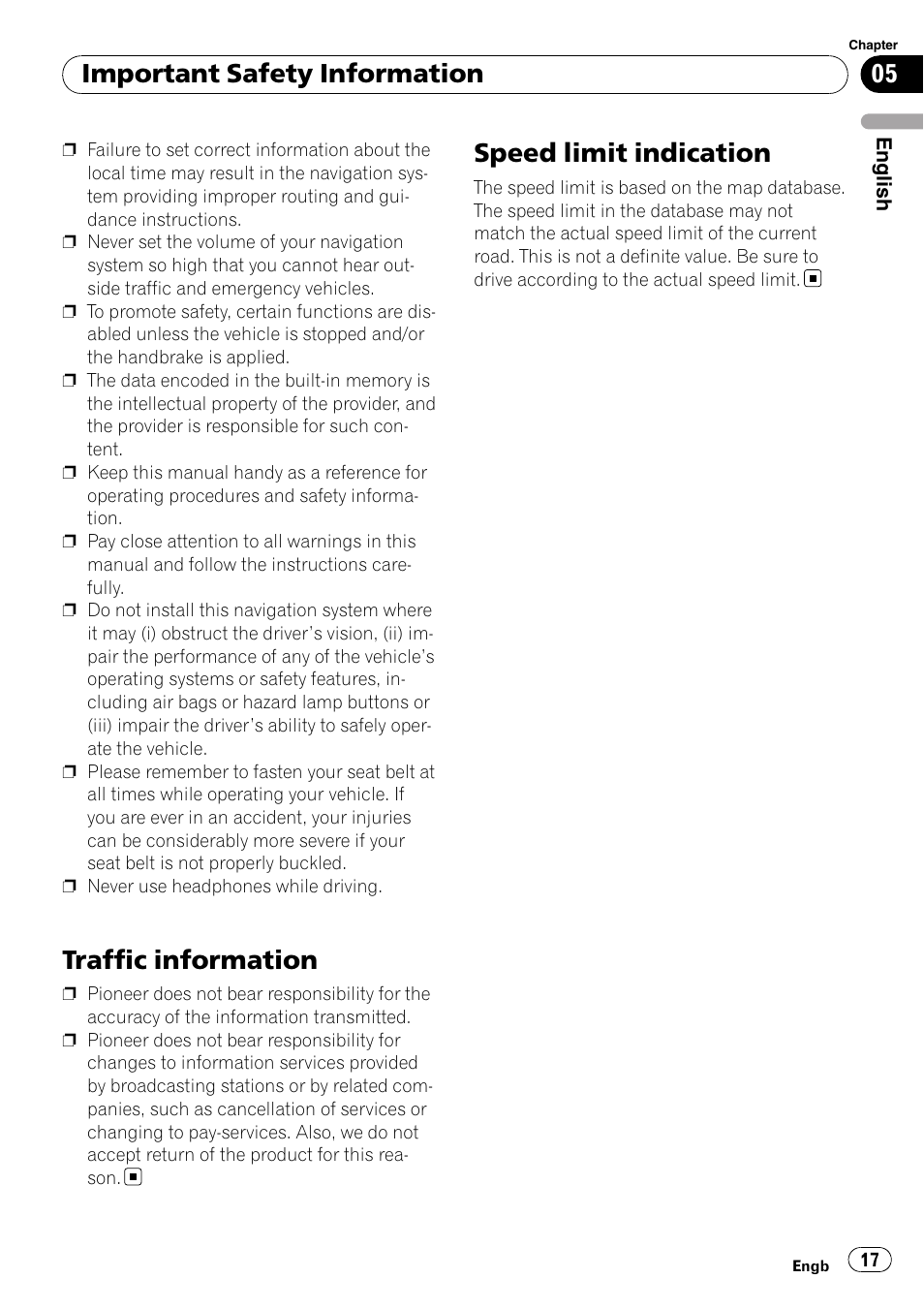 Traffic information, Speed limit indication, Important safety information | Pioneer AVIC-F10BT User Manual | Page 17 / 100