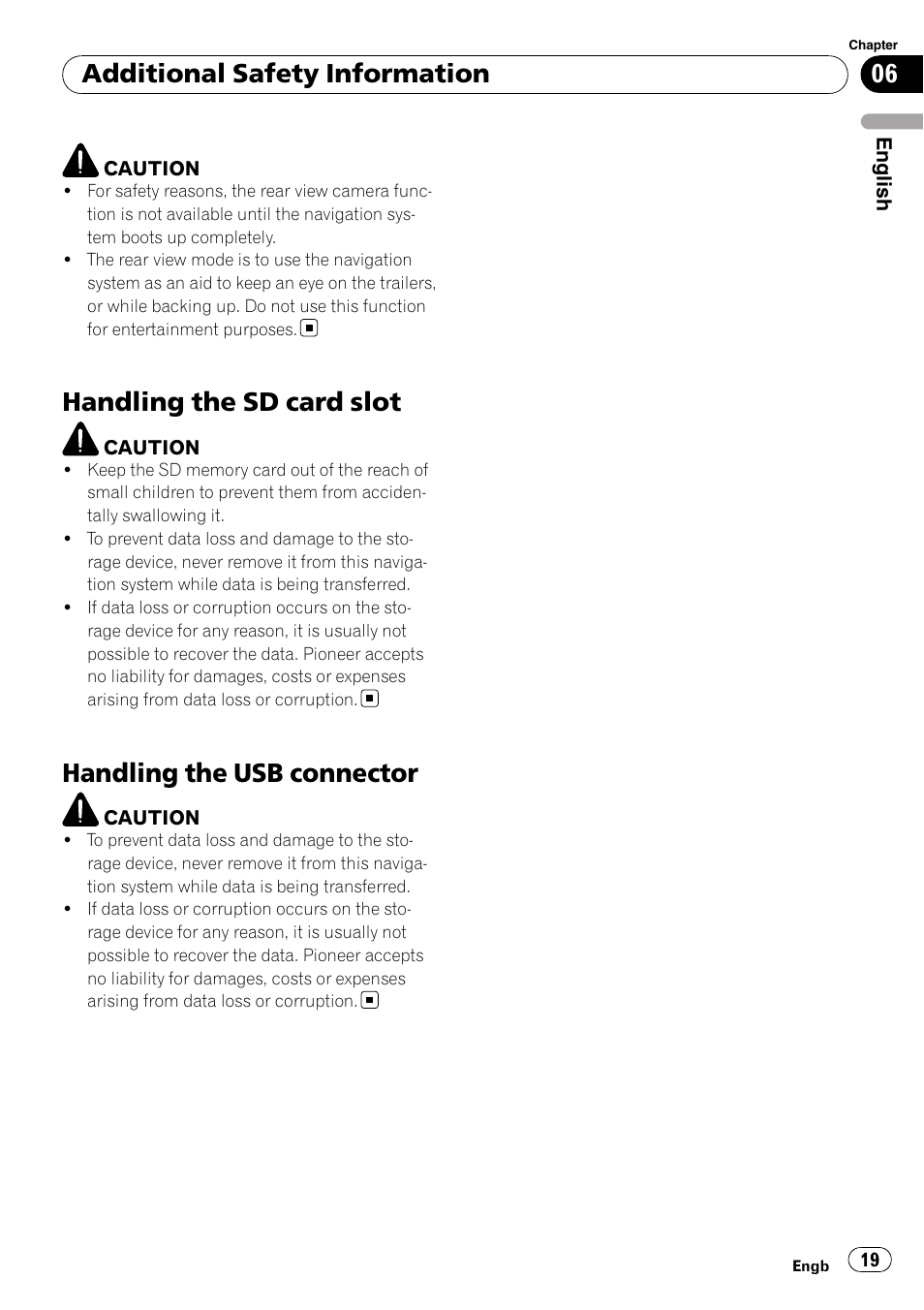 Handling the sd card slot, Handling the usb connector, Additional safety information | Pioneer AVIC-F10BT User Manual | Page 19 / 100