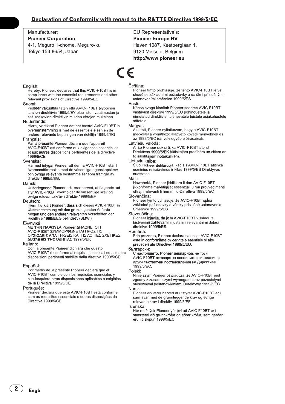 Pioneer AVIC-F10BT User Manual | Page 2 / 100