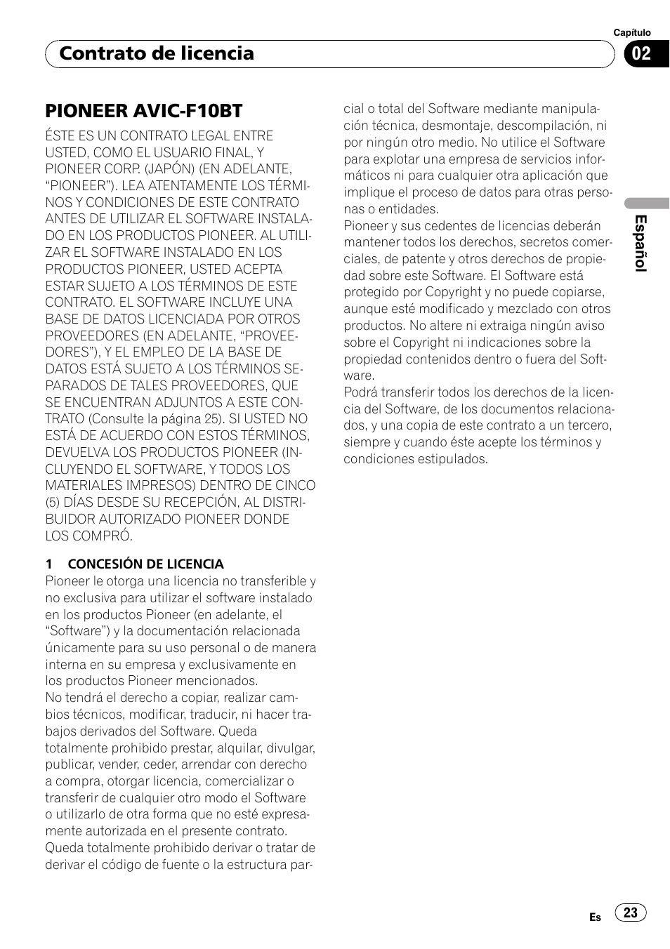 Contrato de licencia pioneer avic-f10bt, Pioneer avic-f10bt, Contrato de licencia | Pioneer AVIC-F10BT User Manual | Page 23 / 100