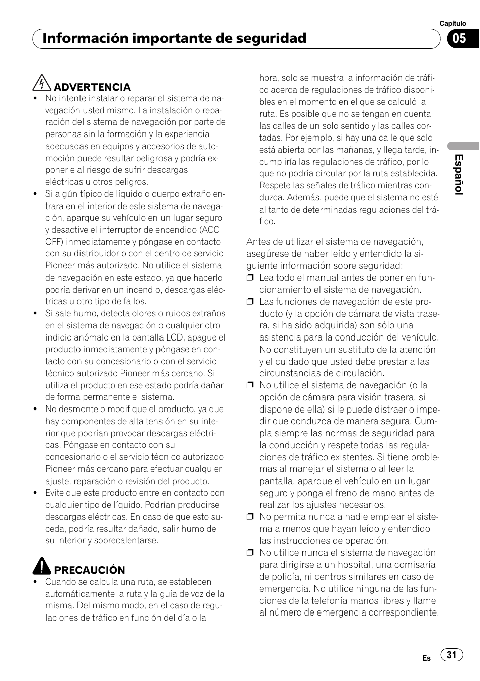 Información importante de seguridad | Pioneer AVIC-F10BT User Manual | Page 31 / 100