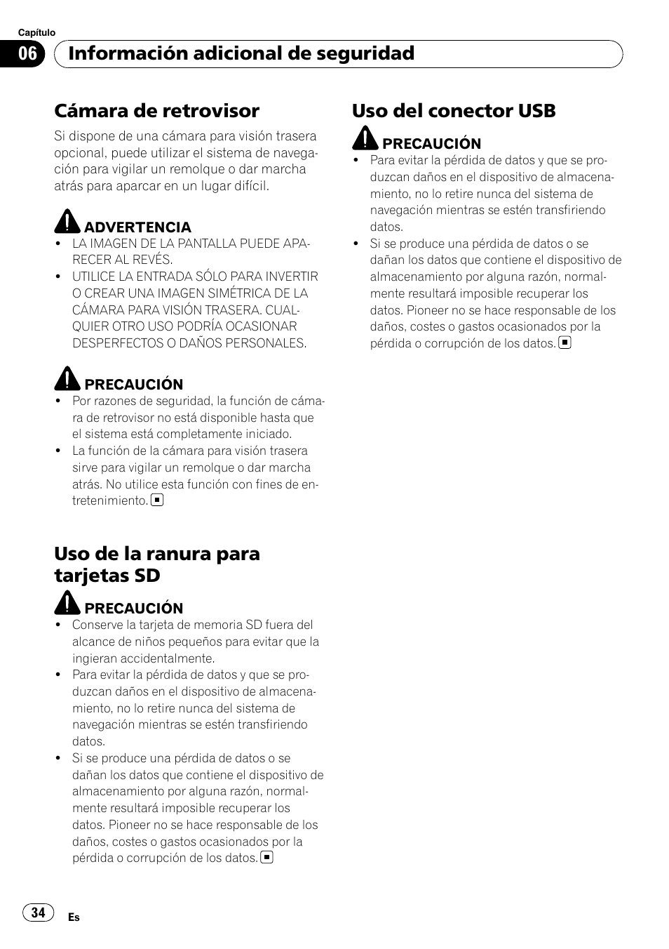 Cámara de retrovisor, Uso de la ranura para tarjetas sd, Uso del conector usb | Información adicional de seguridad | Pioneer AVIC-F10BT User Manual | Page 34 / 100