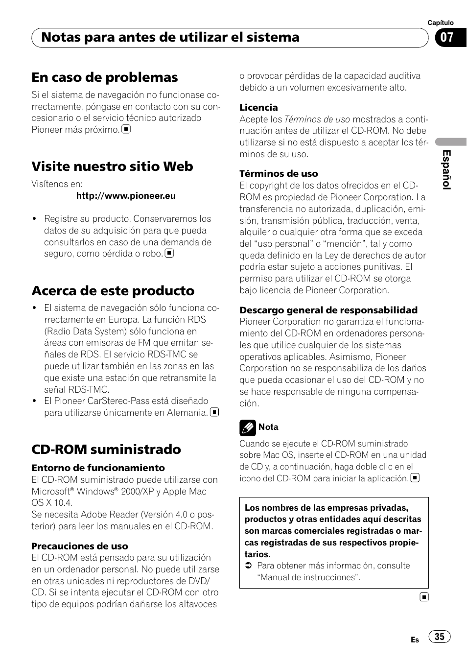 Visite nuestro sitio web, Acerca de este producto, Cd-rom suministrado | En caso de problemas, Notas para antes de utilizar el sistema | Pioneer AVIC-F10BT User Manual | Page 35 / 100