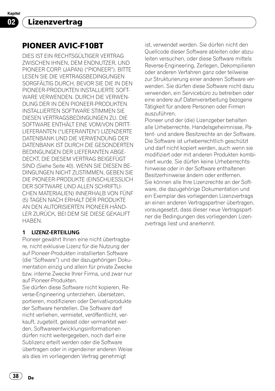Lizenzvertrag pioneer avic-f10bt, Pioneer avic-f10bt, Lizenzvertrag | Pioneer AVIC-F10BT User Manual | Page 38 / 100