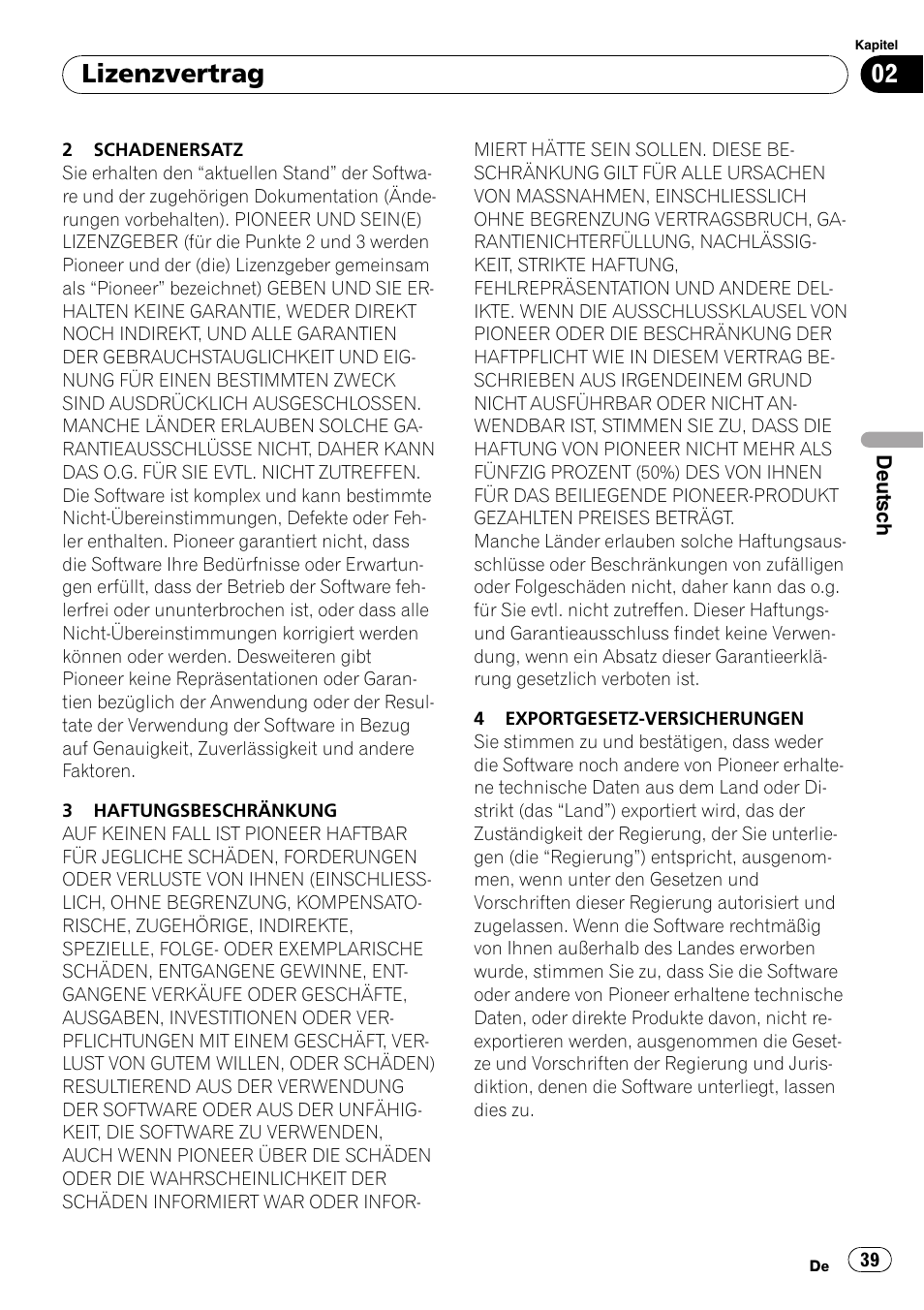 Lizenzvertrag | Pioneer AVIC-F10BT User Manual | Page 39 / 100