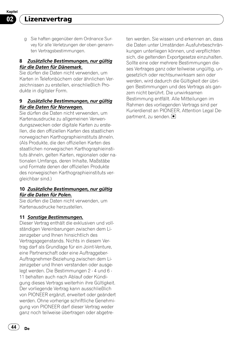 Lizenzvertrag | Pioneer AVIC-F10BT User Manual | Page 44 / 100