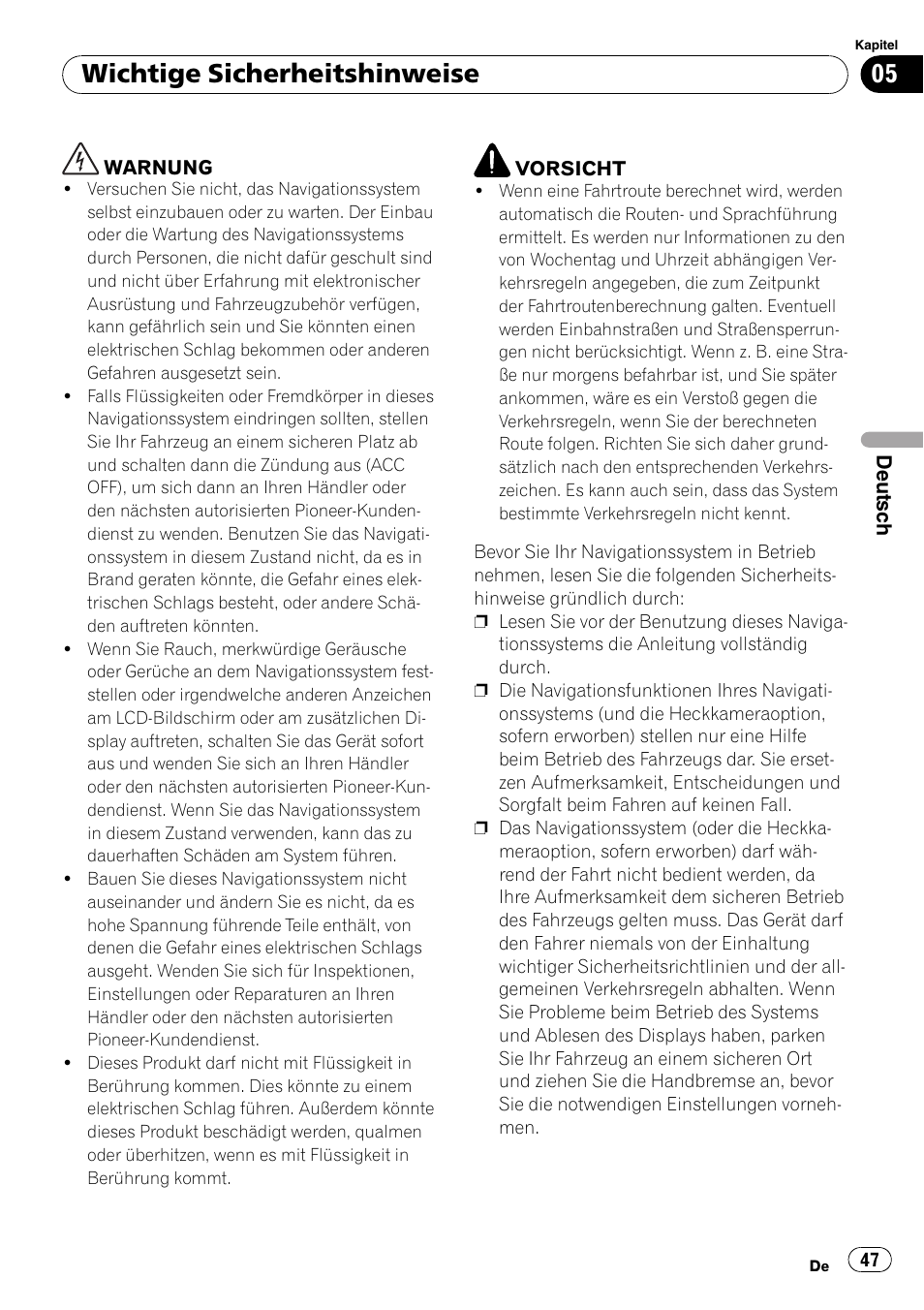 Wichtige sicherheitshinweise | Pioneer AVIC-F10BT User Manual | Page 47 / 100