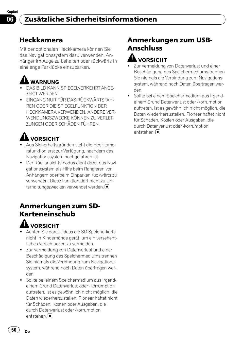 Heckkamera, Anmerkungen zum sd-karteneinschub, Anmerkungen zum usb-anschluss | Anmerkungen zum sd- karteneinschub, Anmerkungen zum usb- anschluss, Zusätzliche sicherheitsinformationen | Pioneer AVIC-F10BT User Manual | Page 50 / 100