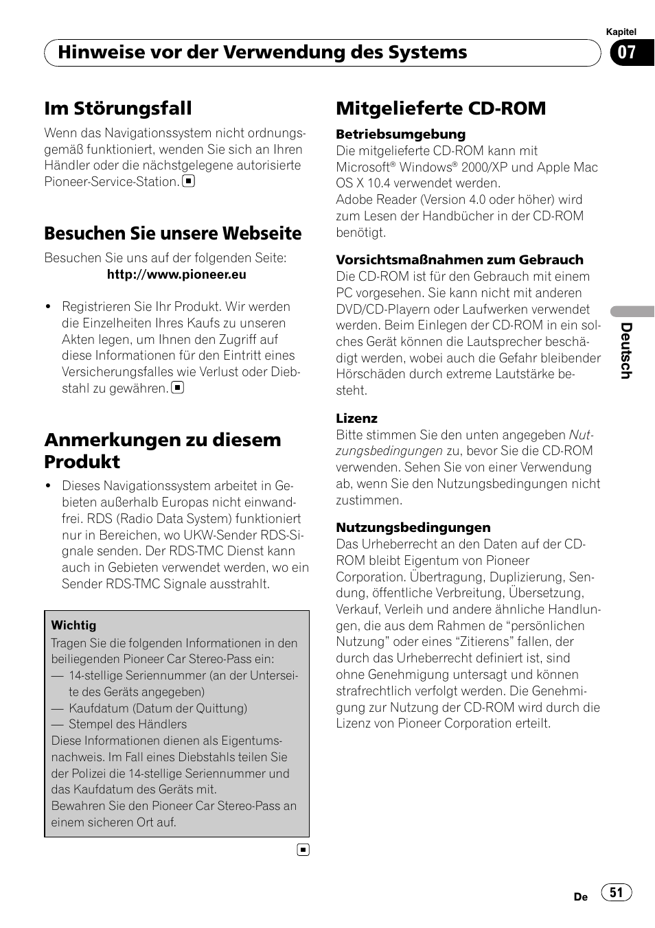 Besuchen sie unsere webseite, Anmerkungen zu diesem produkt, Mitgelieferte cd-rom | Im störungsfall, Hinweise vor der verwendung des systems | Pioneer AVIC-F10BT User Manual | Page 51 / 100