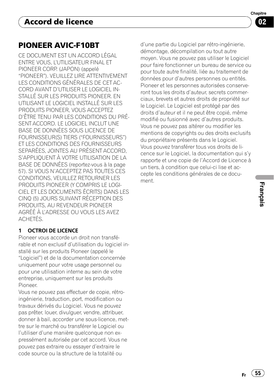 Accord de licence pioneer avic-f10bt, Pioneer avic-f10bt, Accord de licence | Pioneer AVIC-F10BT User Manual | Page 55 / 100