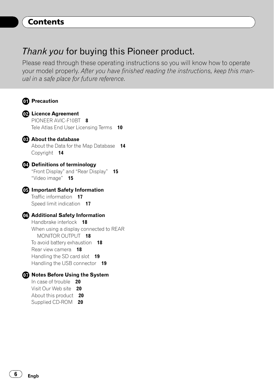 Pioneer AVIC-F10BT User Manual | Page 6 / 100