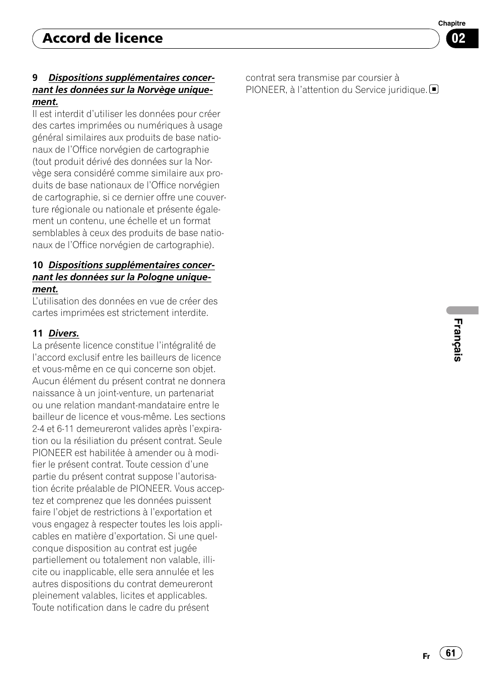 Accord de licence | Pioneer AVIC-F10BT User Manual | Page 61 / 100