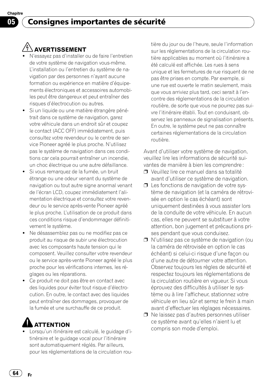 Consignes importantes de sécurité | Pioneer AVIC-F10BT User Manual | Page 64 / 100