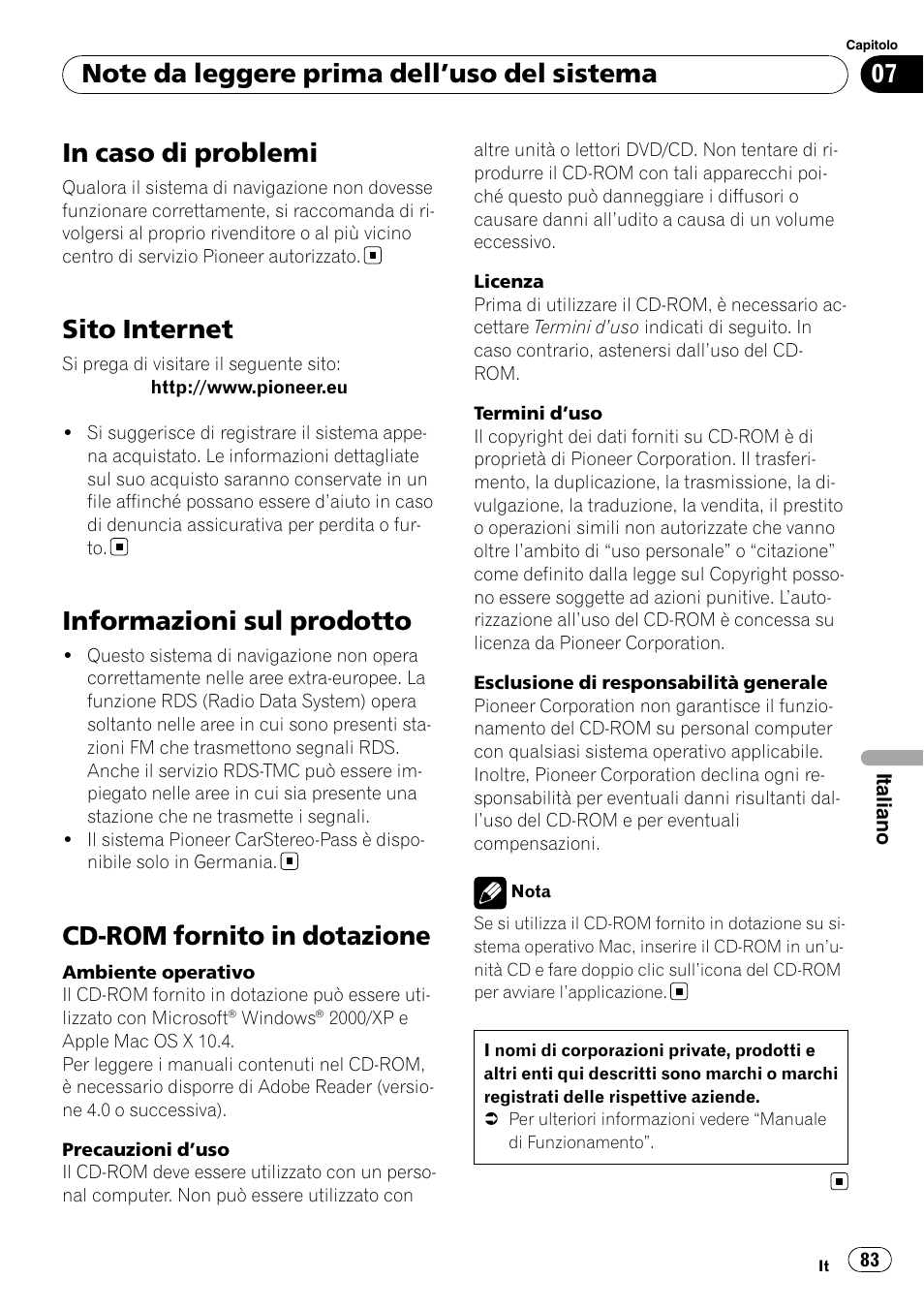 Note da leggere prima dell, Uso del, Sistema in caso di problemi | Sito internet, Informazioni sul prodotto, Cd-rom fornito in dotazione | Pioneer AVIC-F10BT User Manual | Page 83 / 100