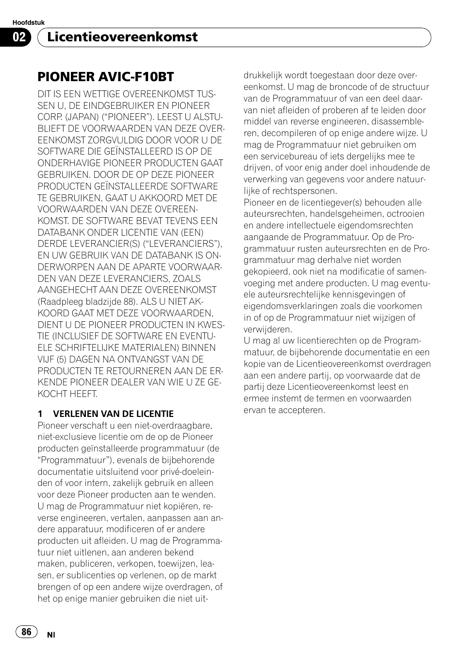 Licentieovereenkomst pioneer avic-f10bt, Pioneer avic-f10bt, Licentieovereenkomst | Pioneer AVIC-F10BT User Manual | Page 86 / 100