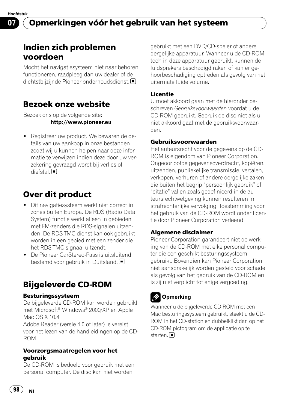 Bezoek onze website, Over dit product, Bijgeleverde cd-rom | Indien zich problemen voordoen, Opmerkingen vóór het gebruik van het systeem | Pioneer AVIC-F10BT User Manual | Page 98 / 100