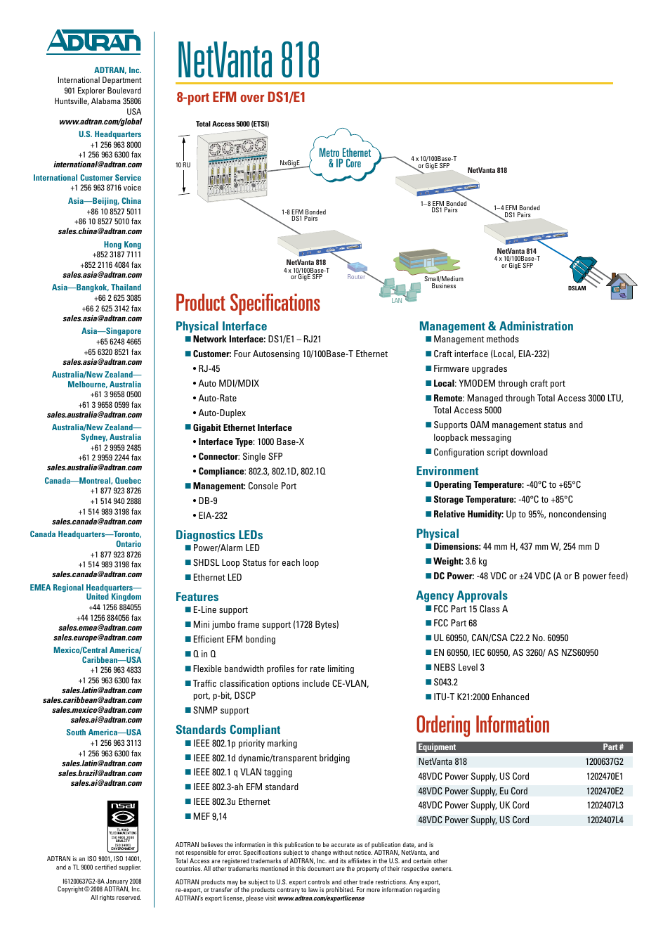 Netvanta 818, Ordering information, Product specifications | Port efm over ds1/e1, Management & administration, Environment, Physical, Agency approvals, Physical interface, Diagnostics leds | ADTRAN NetVanta 818 User Manual | Page 2 / 2