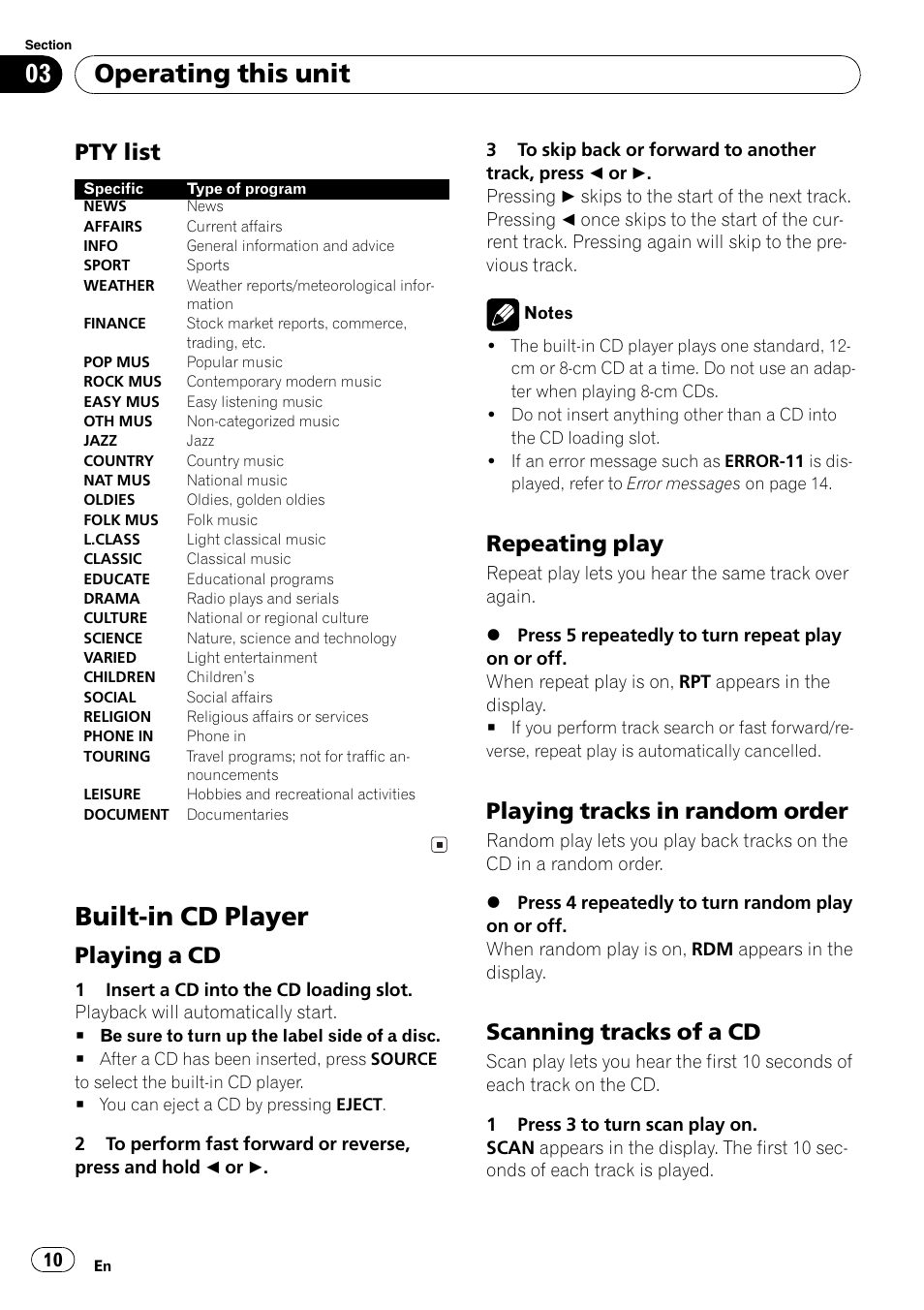 Pty list 10, Built-in cd player 10, Playing a cd 10 | Repeating play 10, Playing tracks in random order 10, Scanning tracks of a cd 10, Built-in cd player, Operating this unit, Pty list, Playing a cd | Pioneer DEH-1820R User Manual | Page 10 / 106
