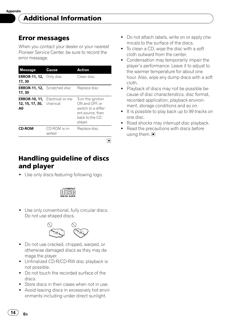 Error messages, Handling guideline of discs and player, Additional information | Pioneer DEH-1820R User Manual | Page 14 / 106