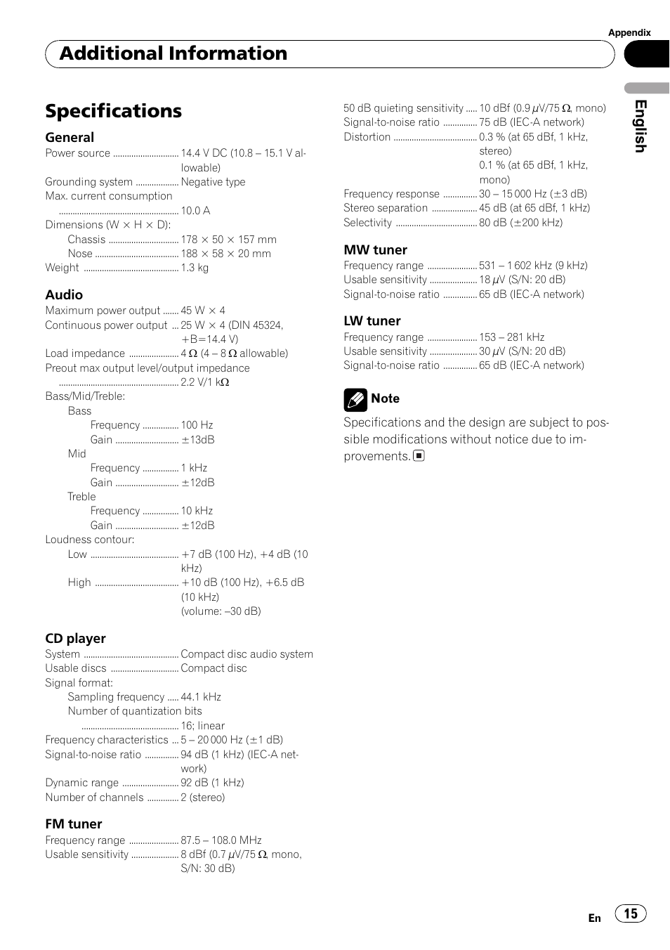 Specifications 15, Specifications, Additional information | English | Pioneer DEH-1820R User Manual | Page 15 / 106