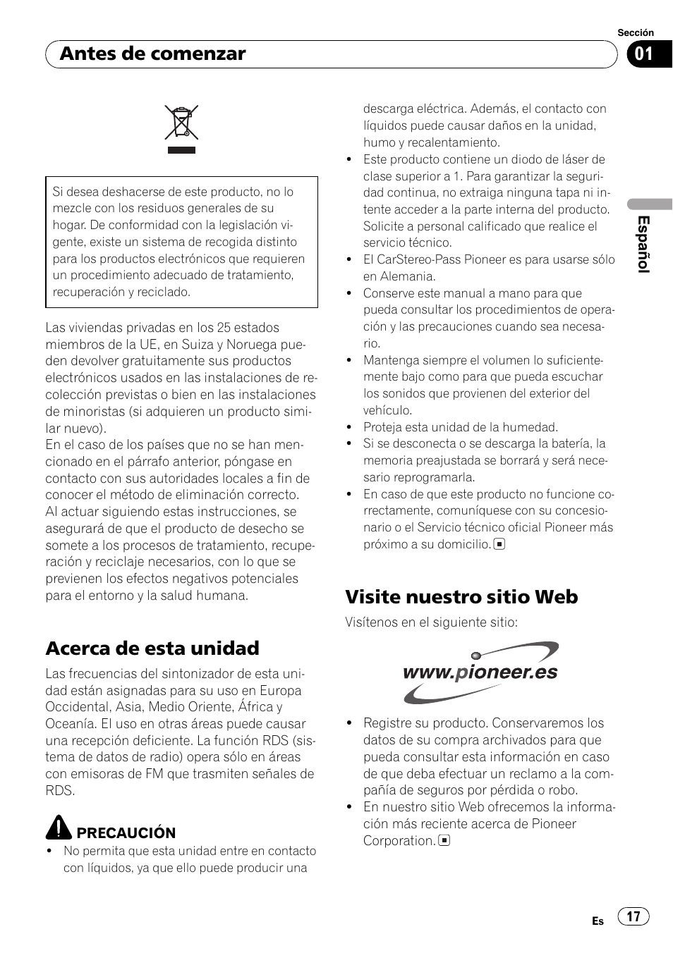 Antes de comenzar acerca de esta unidad 17, Visite nuestro sitio web 17, Acerca de esta unidad | Visite nuestro sitio web, Antes de comenzar | Pioneer DEH-1820R User Manual | Page 17 / 106