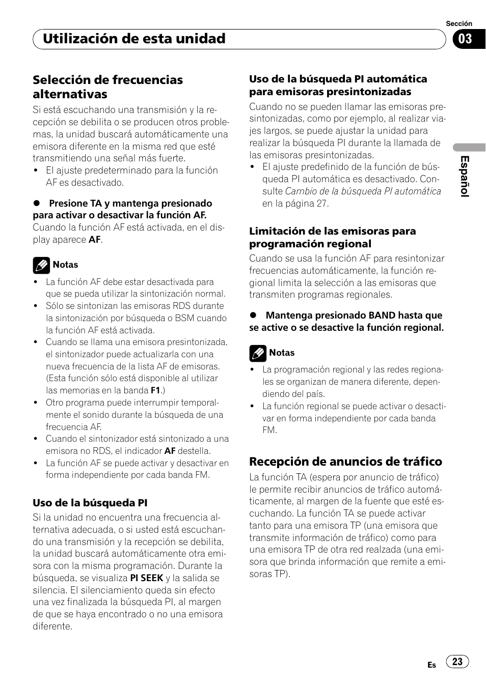 Selección de frecuencias, Alternativas 23, Recepción de anuncios de tráfico 23 | Utilización de esta unidad, Selección de frecuencias alternativas, Recepción de anuncios de tráfico | Pioneer DEH-1820R User Manual | Page 23 / 106