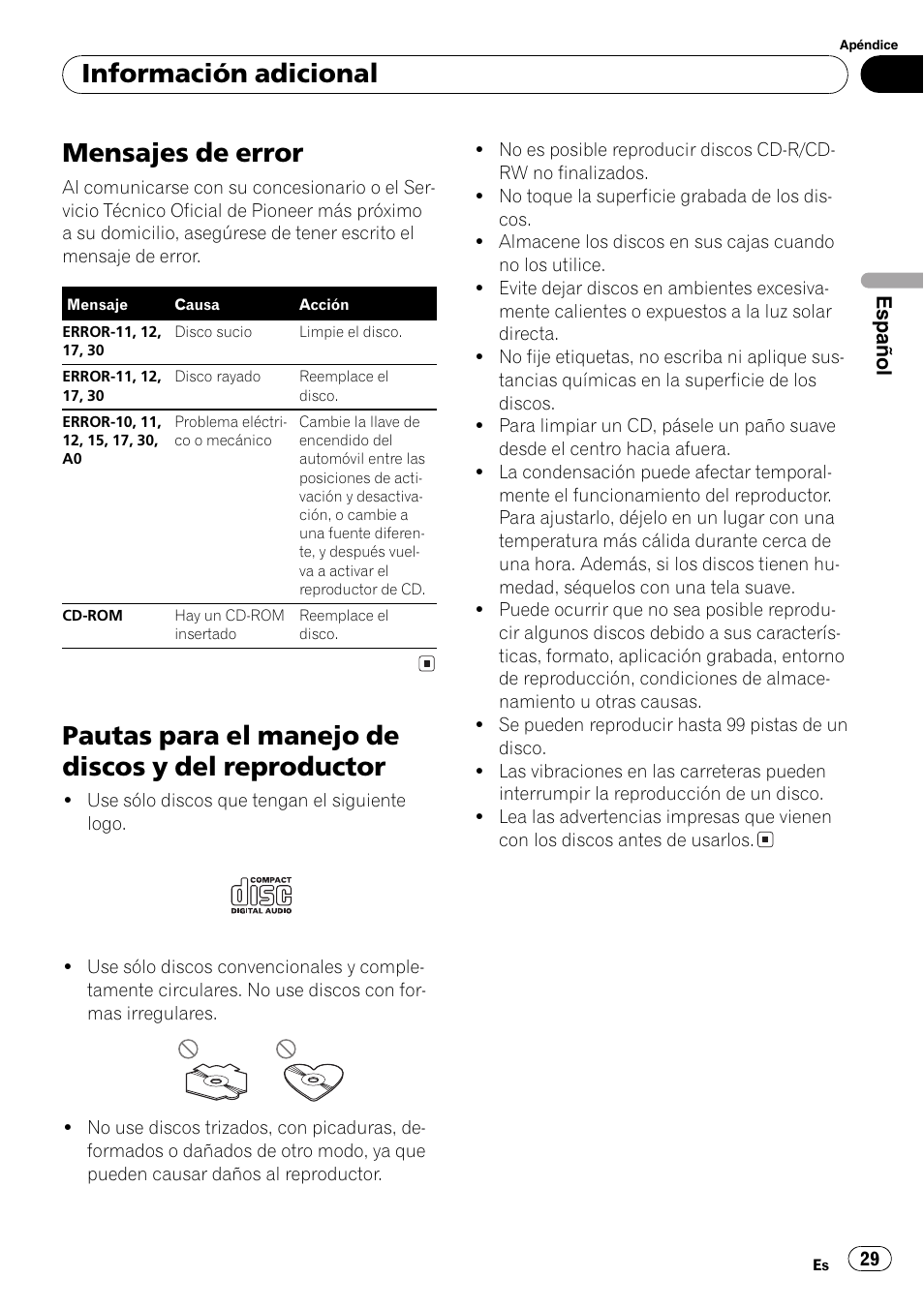 Información adicional, Mensajes de error 29, Pautas para el manejo de discos y del | Reproductor 29, Mensajes de error, Pautas para el manejo de discos y del reproductor | Pioneer DEH-1820R User Manual | Page 29 / 106