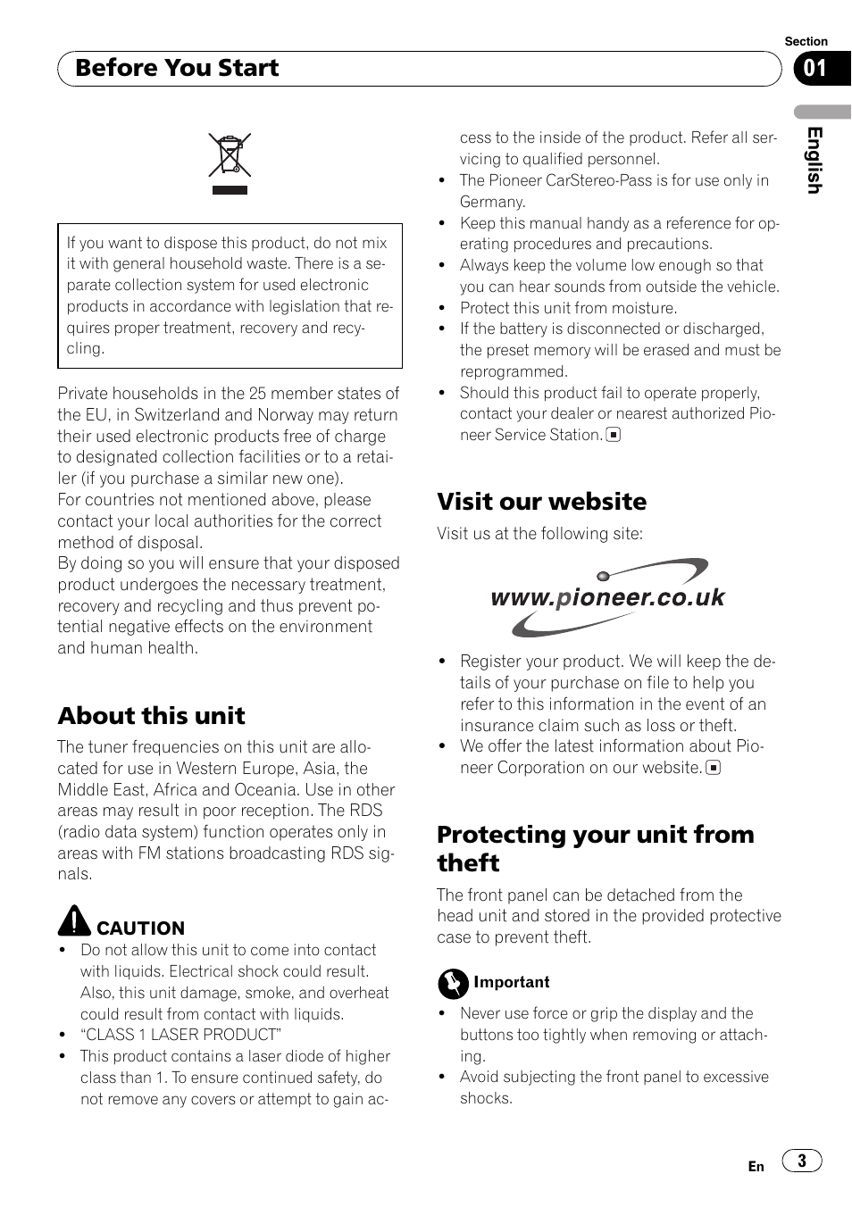 About this unit, Visit our website, Protecting your unit from theft | Before you start | Pioneer DEH-1820R User Manual | Page 3 / 106