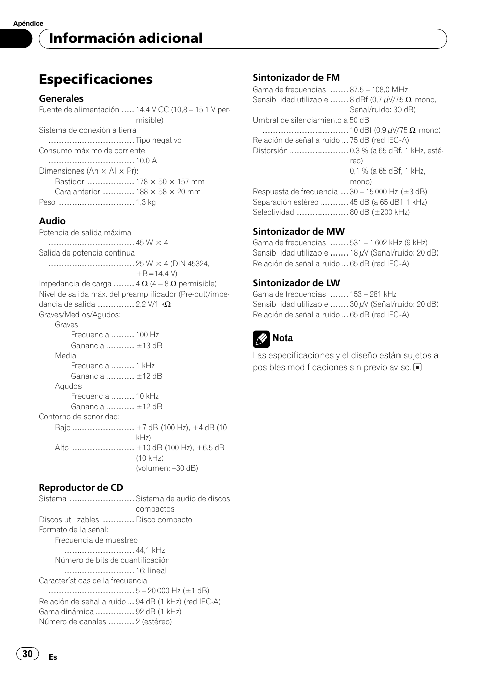 Especificaciones 30, Especificaciones, Información adicional | Pioneer DEH-1820R User Manual | Page 30 / 106