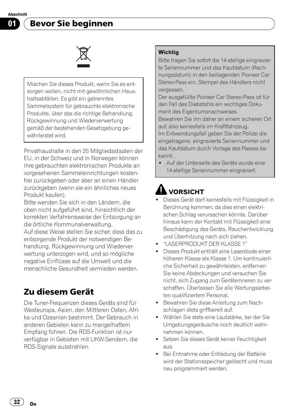 Bevor sie beginnen zu diesem gerät 32, Zu diesem gerät, Bevor sie beginnen | Pioneer DEH-1820R User Manual | Page 32 / 106
