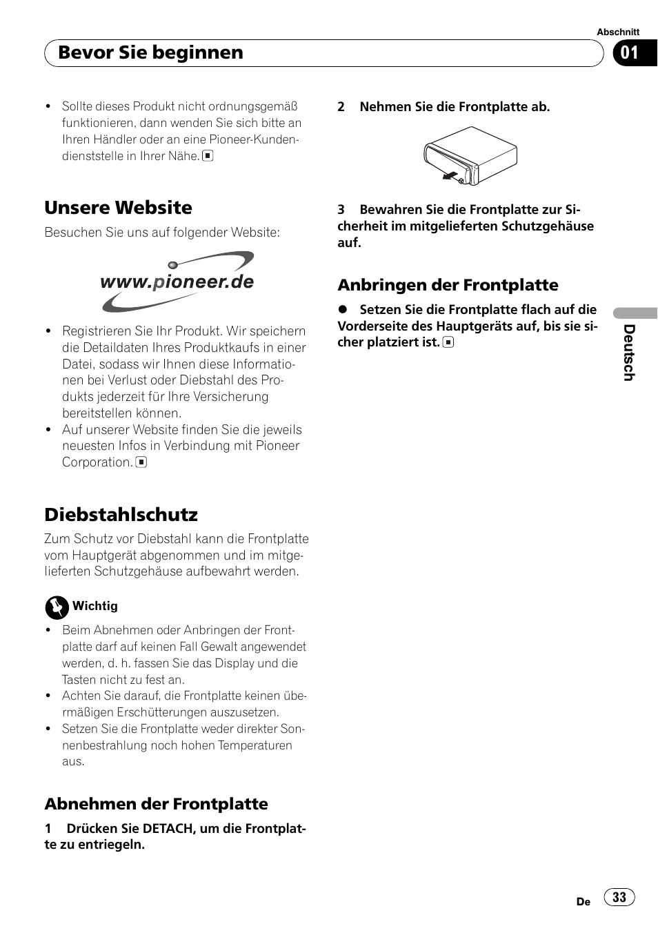 Unsere website 33, Diebstahlschutz 33, Abnehmen der frontplatte 33 | Anbringen der frontplatte 33, Unsere website, Diebstahlschutz, Bevor sie beginnen | Pioneer DEH-1820R User Manual | Page 33 / 106
