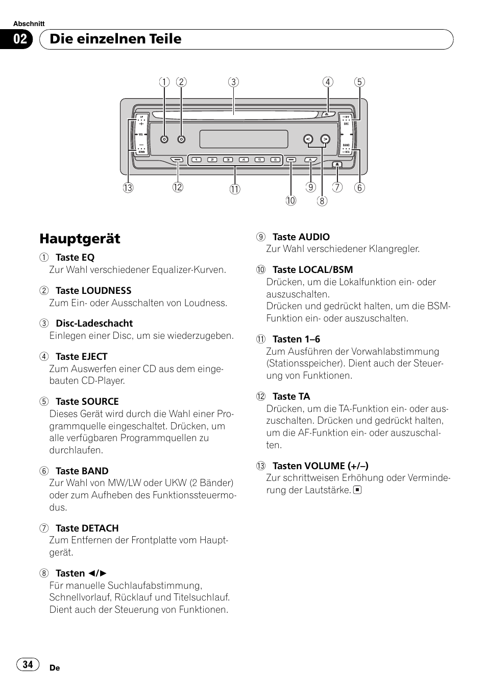 Die einzelnen teile, Hauptgerät 34, Hauptgerät | Pioneer DEH-1820R User Manual | Page 34 / 106