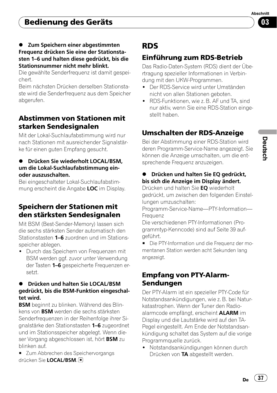 Abstimmen von stationen mit starken, Sendesignalen 37, Speichern der stationen mit den | Stärksten sendesignalen 37, Rds 37, Einführung zum rds-betrieb 37, Umschalten der rds-anzeige 37, Empfang von pty-alarm, Sendungen 37, Bedienung des geräts | Pioneer DEH-1820R User Manual | Page 37 / 106