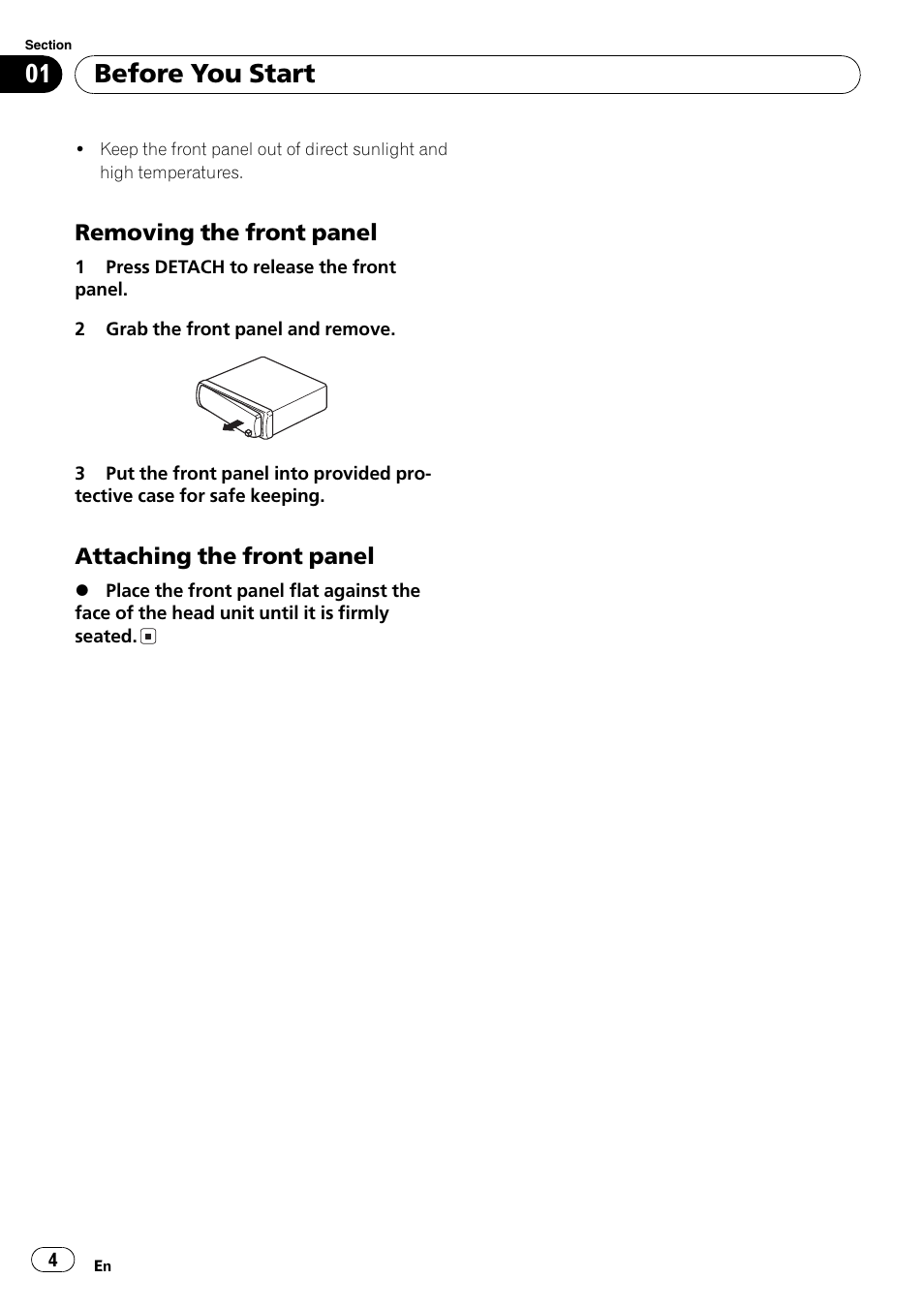 Removing the front panel 4, Attaching the front panel 4, Before you start | Pioneer DEH-1820R User Manual | Page 4 / 106