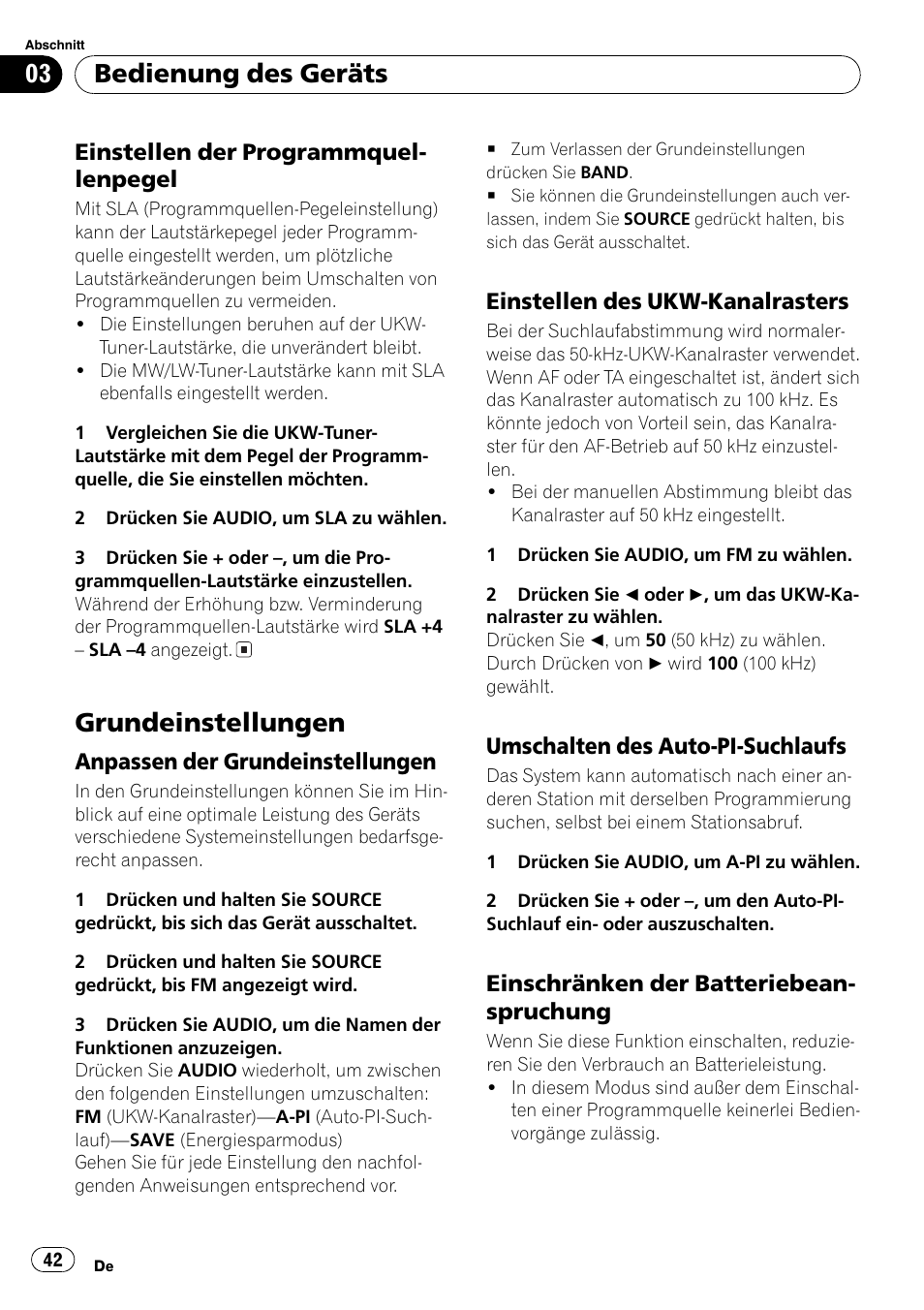 Einstellen der, Programmquellenpegel 42, Grundeinstellungen 42 | Anpassen der, Einstellen des ukw-kanalrasters 42, Umschalten des auto-pi, Suchlaufs 42, Einschränken der, Batteriebeanspruchung 42, Grundeinstellungen | Pioneer DEH-1820R User Manual | Page 42 / 106