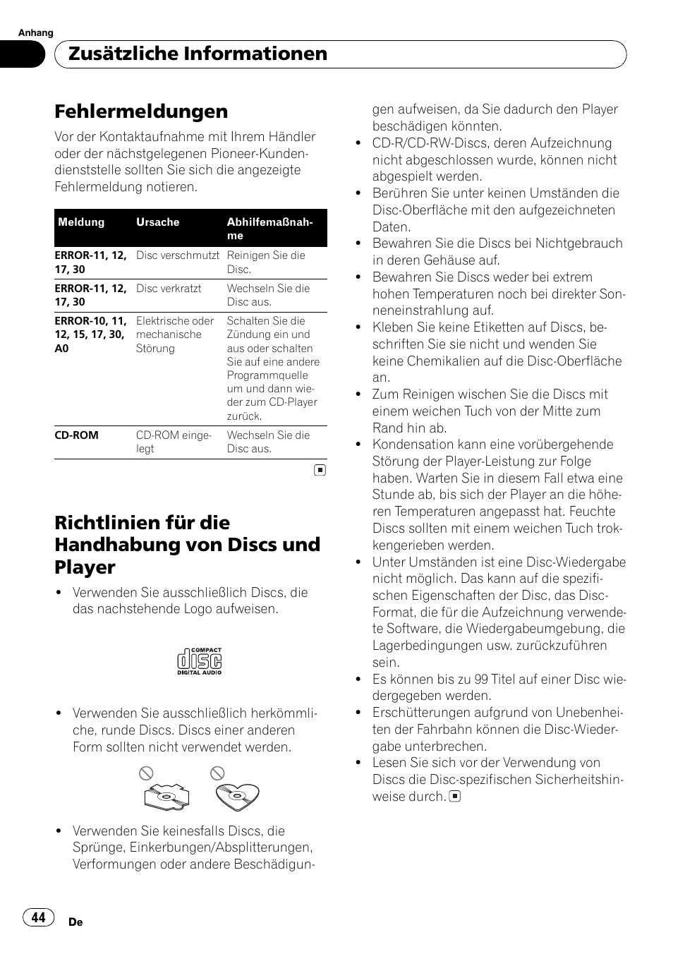 Zusätzliche informationen, Fehlermeldungen 44, Richtlinien für die handhabung von discs | Und player 44, Fehlermeldungen | Pioneer DEH-1820R User Manual | Page 44 / 106