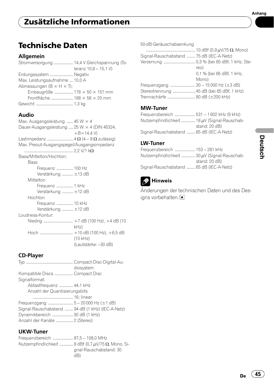 Technische daten 45, Technische daten, Zusätzliche informationen | Deutsch | Pioneer DEH-1820R User Manual | Page 45 / 106