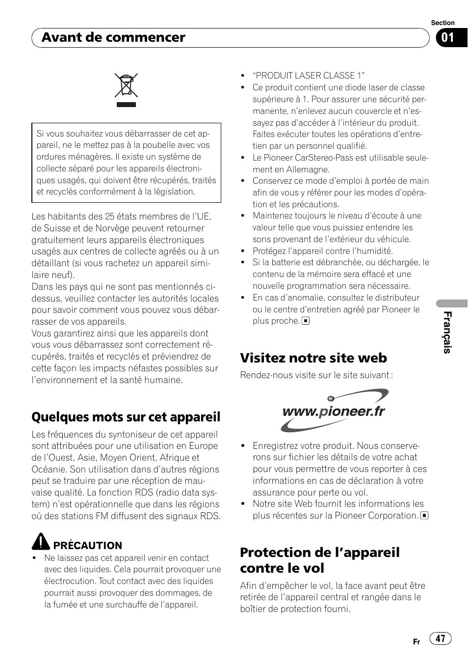 Visitez notre site web 47, Protection de lappareil contre le vol 47, Quelques mots sur cet appareil | Visitez notre site web, Protection de lappareil contre le vol, Avant de commencer | Pioneer DEH-1820R User Manual | Page 47 / 106